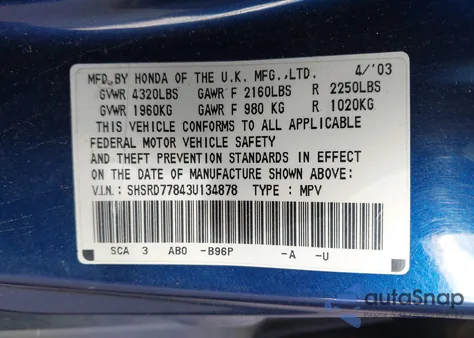 2003 Honda Cr-V Ex из США, поврежденный, VIN SHSRD77843U134878